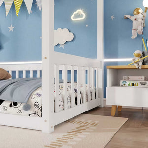 English Elm Twin Canopy Floor Bed Rubberwood Frame with Fence Guardrails for Kids Bedroom White W504P351802