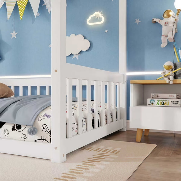 English Elm Twin Canopy Floor Bed Rubberwood Frame with Fence Guardrails for Kids Bedroom White W504P351802