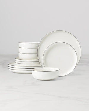 Lenox 24 Seven Porcelain Dinnerware Set White Glossy Black Rim Dishwasher Safe 12 Piece 896602