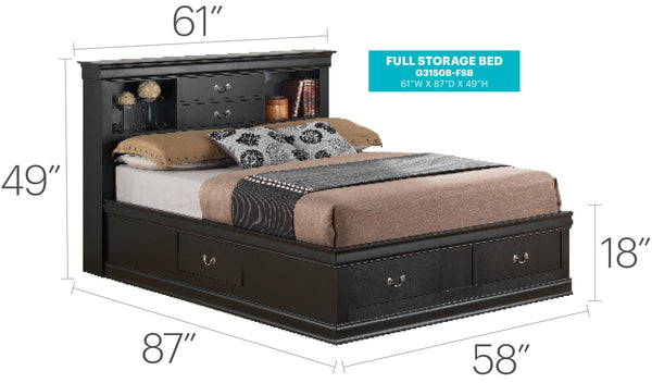 English Elm Elegant Full Storage Bed In Classic Black Finish - Timeless Style With Smart Space-Saving Solution B078S00340