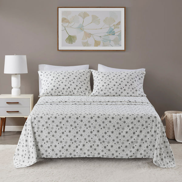 JLA Home Beautyrest - 4 Cozy Cotton Flannel Sheet Set Oversized Deep-Pocket 4-Piece OEKO-TEX Soft Brushed Warmth Every Night Black Snowflakes BR20-4670