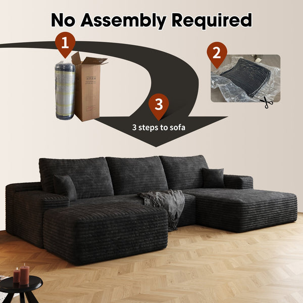 English Elm 107" Cloud Sectional Sofa With Ottoman - Plush Black Corduroy U-Shaped Couch For Ultimate Comfort W2824S00027