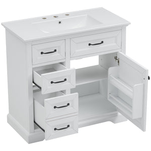 English Elm 36-Inch Modern Bathroom Vanity with Ceramic Basin, 4 Drawers & Soft-Close Door, Pre-Drilled Faucet Ready, Durable MDF and Solid Wood Construction (36"L x 18.3"W x 33.4"H) White N725P296118K