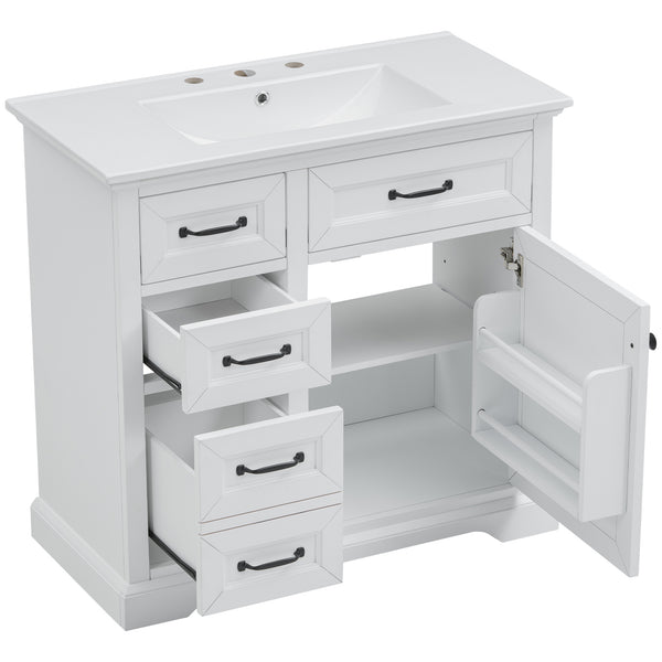 English Elm 36-Inch Modern Bathroom Vanity with Ceramic Basin, 4 Drawers & Soft-Close Door, Pre-Drilled Faucet Ready, Durable MDF and Solid Wood Construction (36"L x 18.3"W x 33.4"H) White N725P296118K