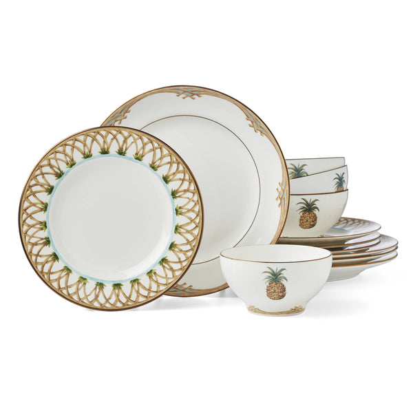Lenox British Colonial Porcelain Dinnerware Set with Bamboo Weave and Gold Rim Accents 896692
