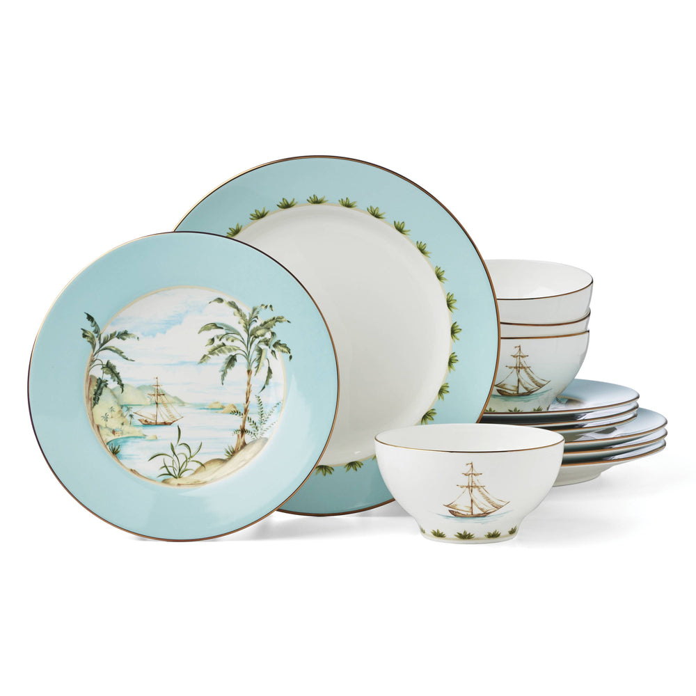 Lenox British Colonial Tradewind Porcelain Dinnerware Nautical Motif Gold Rim 12 Piece 896694