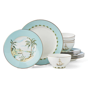 Lenox British Colonial Tradewind Porcelain Dinnerware Nautical Motif Gold Rim 12 Piece 896694
