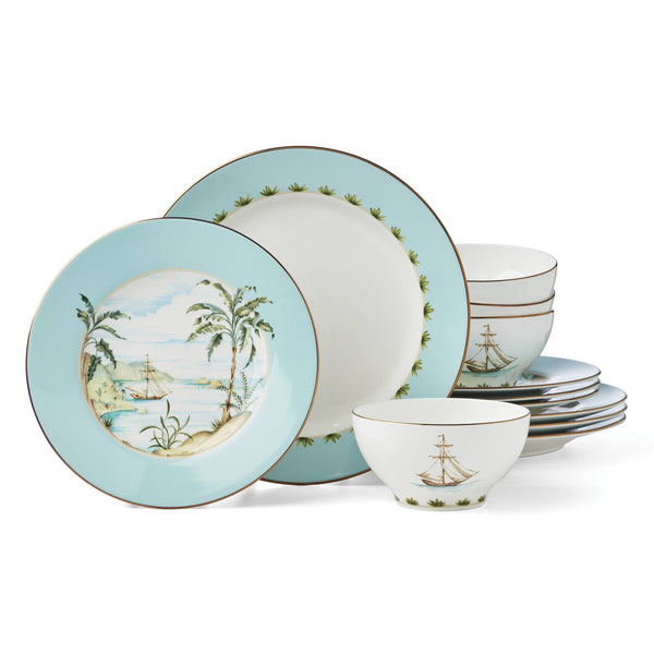 Lenox British Colonial Tradewind Porcelain Dinnerware Nautical Motif Gold Rim 12 Piece 896694