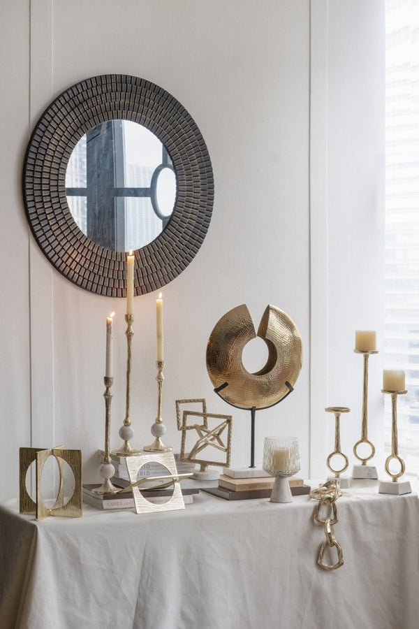 English Elm S/3 Gold Aluminum Pillar Candle Holders with Genuine Marble Base and Ring Detail W2078P490395