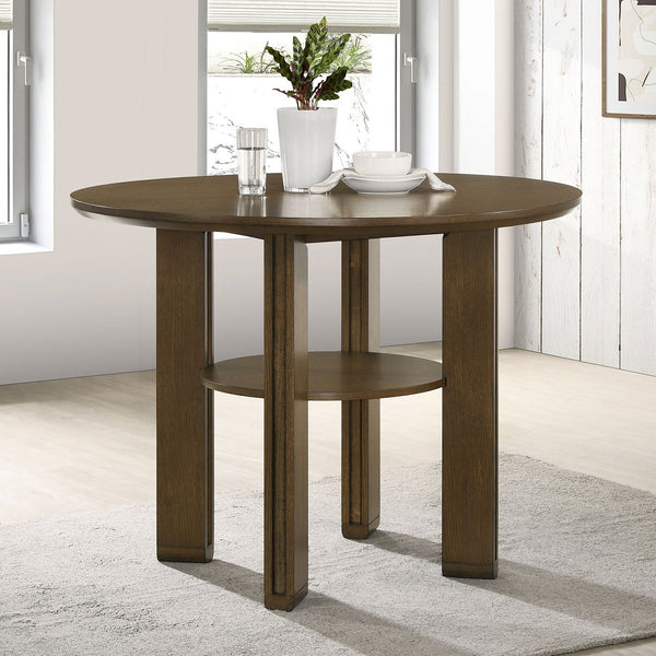 English Elm Crispin Rustic Round Counter Height Dining Table with Lower Display Shelf, Chunky Plank Legs, Brown Finish B062P375506