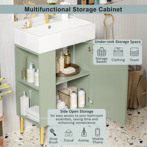 English Elm 21.6" Green Bathroom Vanity with Ceramic Sink, Left Side Storage, Gold Legs, Soft-Close, Modern Finish SV000007AAF
