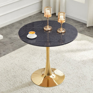 English Elm Round Faux Marble Tulip Pedestal Dining Table Mid Century Modern for Small Bistro Spaces Gold,Gray W2920P405351