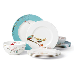 Lenox Chirp Porcelain Dinnerware Set with Watercolor Birds and Botanical Branch Motif 896843