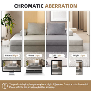English Elm 86.6"Multifunctional Folding Sofa Bed with Chaise, Fluffy Chenille, Removable Backs & Pillows, Deep Seat Lounge LIGHT GREY W3219P340666