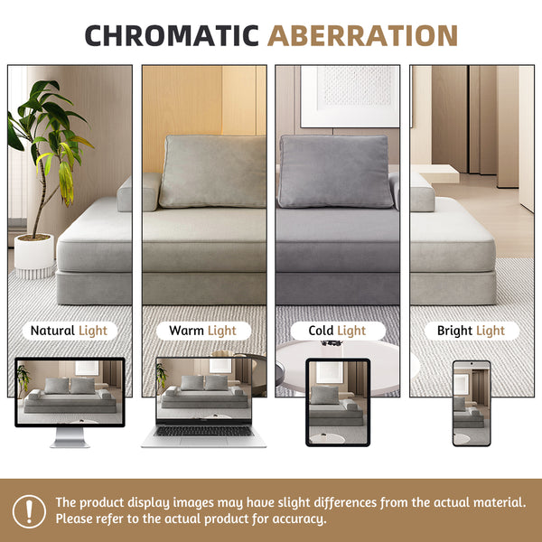 English Elm 86.6"Multifunctional Folding Sofa Bed with Chaise, Fluffy Chenille, Removable Backs & Pillows, Deep Seat Lounge LIGHT GREY W3219P340666