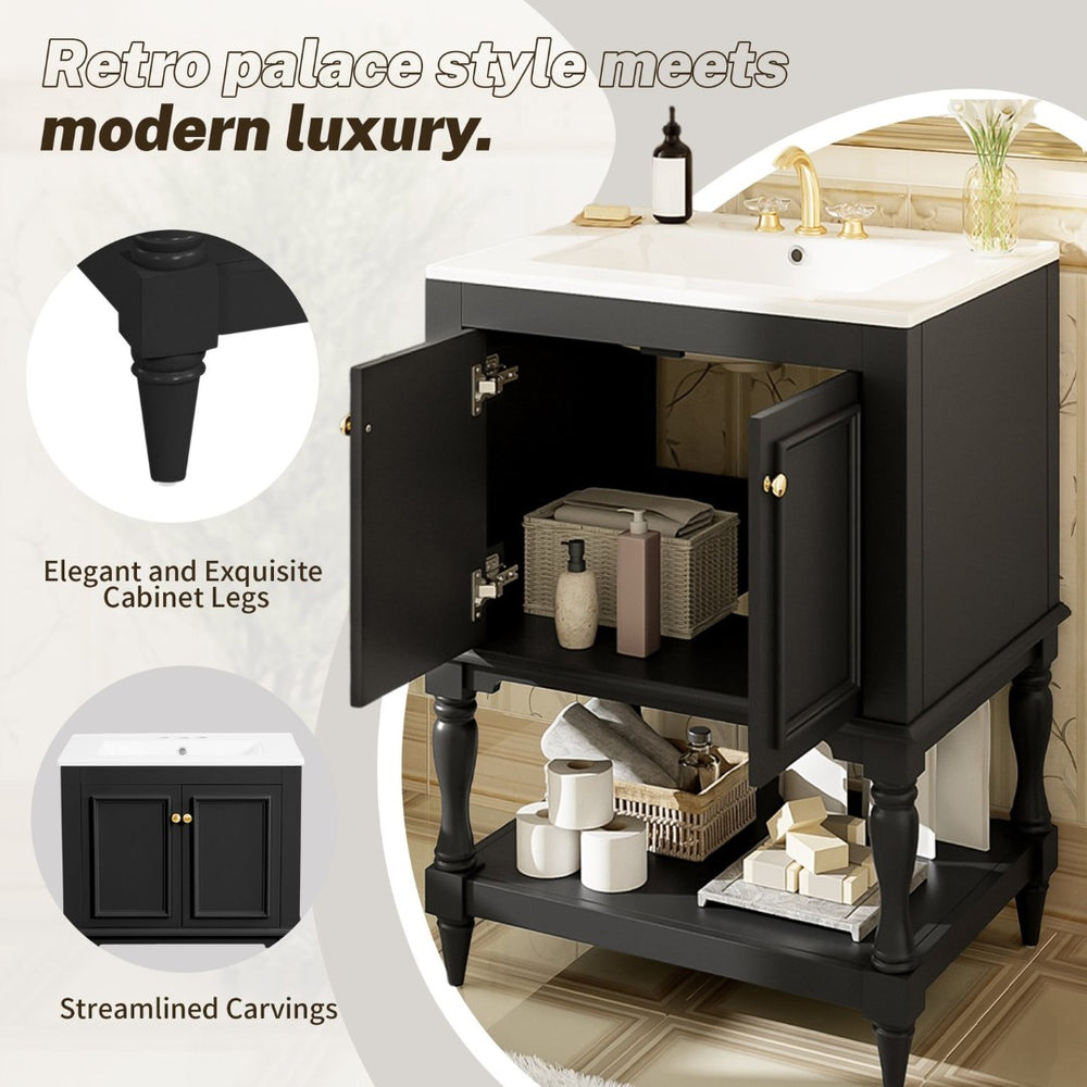 English Elm 24'' French Style Bathroom Vanity with Ceramic Sink Soft Close Cabinet and Drawer Black N710P411341B