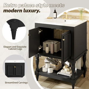 English Elm 24'' French Style Bathroom Vanity with Ceramic Sink Soft Close Cabinet and Drawer Black N710P411341B