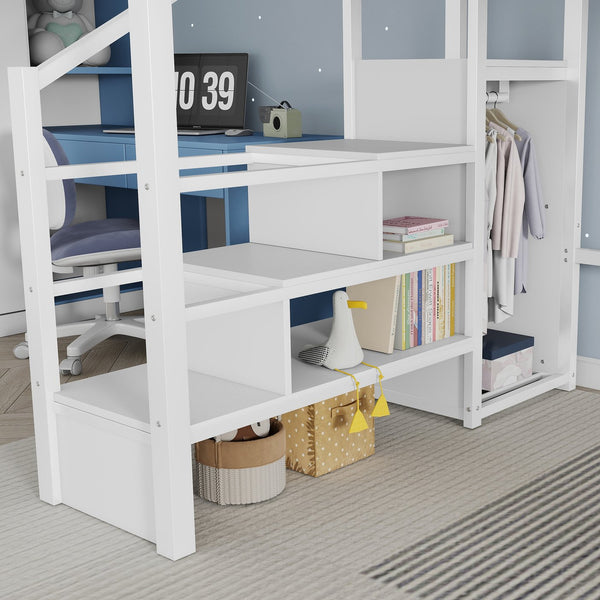 English Elm Full Size Loft Bed With Integrated Wardrobe, Stairs, House-Shaped Guardrails & Space-Saving Design W2593S00037