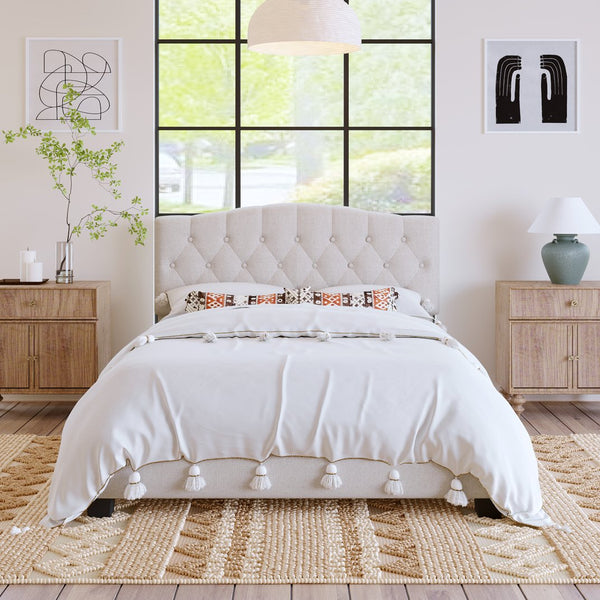 English Elm Upholstered Diamond-Tufted Platform Bed with Two-Position Adjustable Headboard and Sturdy Support Beige 65.71 L x 26.89 W x 4.88 H N701P342915B