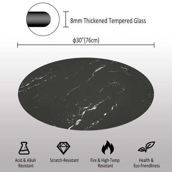 English Elm 30"inch Round Tempered Glass Tabletop Marble Pattern Indoor Outdoor Patio Dining Black W241P361472