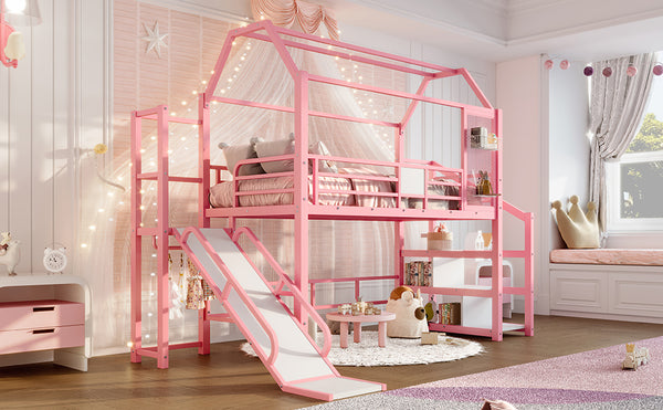 English Elm Twin House Loft Bed with Slide and Stairs, Metal Playhouse with Storage Shelves and Quiet Design Pink W1580S00349