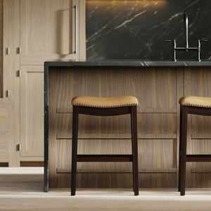 English Elm 31in. Hardwood Barstool Nailhead Faux Leather Seat Club Style Kitchen Island Seating Tan B2751P436413