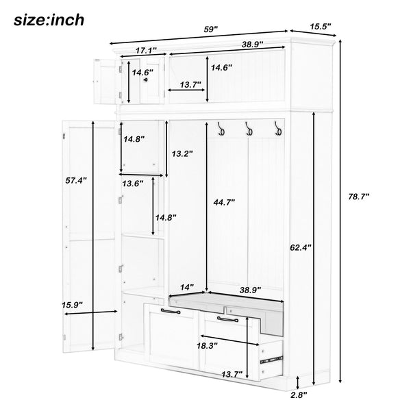 English Elm 3-in-1 Entryway Hall Tree with Cabinet Hooks Bench Drawers and Adjustable Shelving Black SJ000160AAB