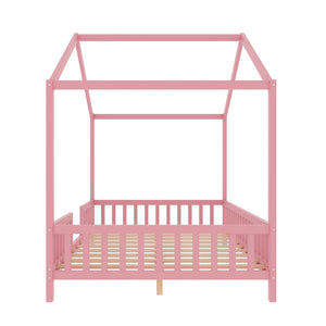 English Elm Montessori House Bed Frame Twin with Canopy & Full Guardrails, Cozy Kids Platform Bed for Toddlers Pink 77.8 L x 17.25 W x 7 H N733P356048H