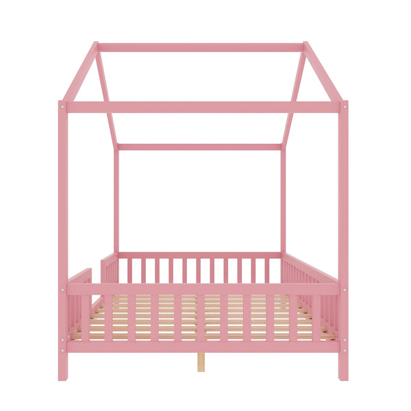 English Elm Montessori House Bed Frame Twin with Canopy & Full Guardrails, Cozy Kids Platform Bed for Toddlers Pink 77.8 L x 17.25 W x 7 H N733P356048H