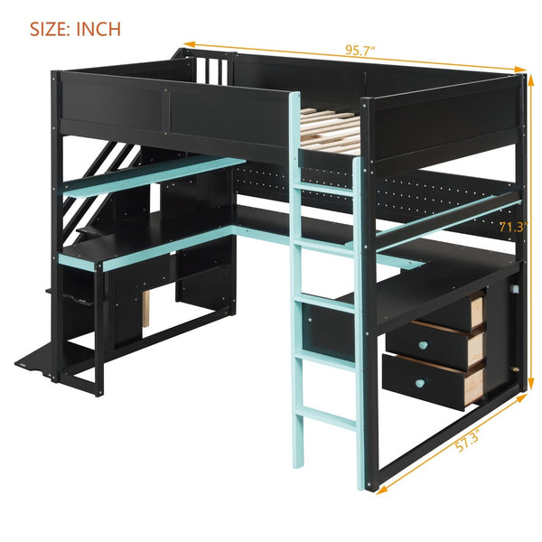 English Elm Full Size Gaming Loft Bed with Led Lighting Desk Shelves and Usb Charging Ports N820S00071C