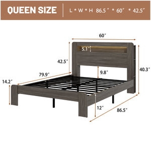 English Elm Bed Frame Queen Size With Led Light Headboard, Usb Charging, Noise-Free, Easy Assembly & Storage W636P288789
