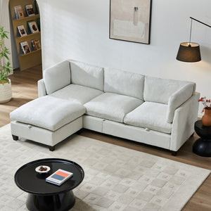 English Elm 96.5" L-shaped Chenille Sectional with Storage Ottoman Eucalyptus Frame Living Room Beige W1097S00279