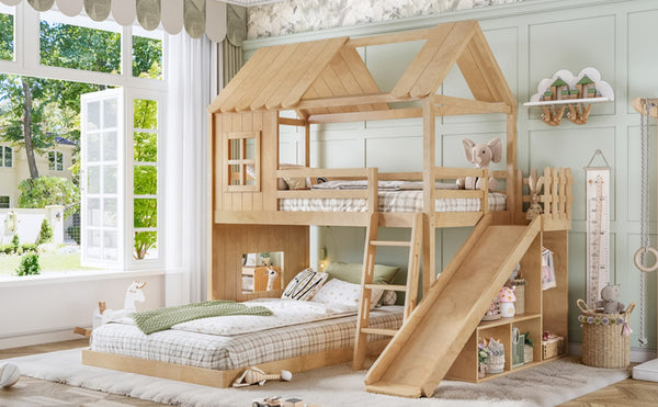 English Elm Twin Over Full Playhouse Bunk Bed with Slide Ladder Storage Shelves and Wardrobe W5305S00040