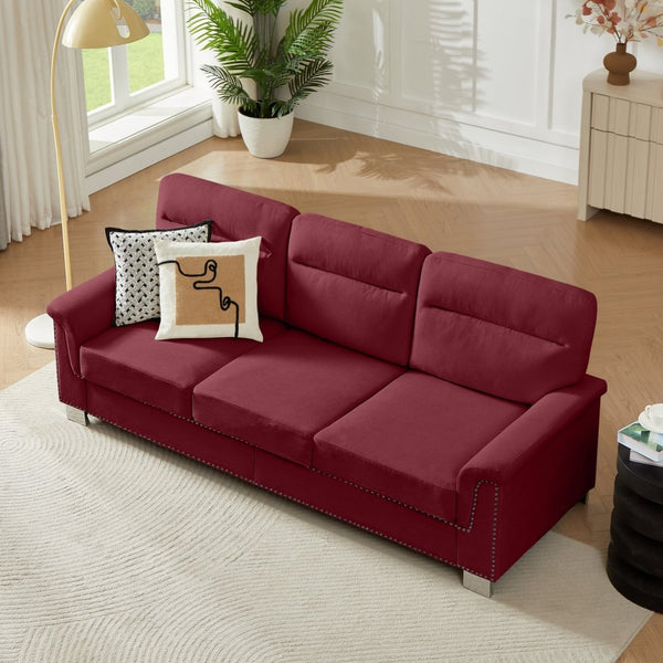 English Elm 82" Chesterfield Snowfleece Upholstered 3-seat Sofa Nailhead Trim Plush Living Room Burgundy W1359P386020