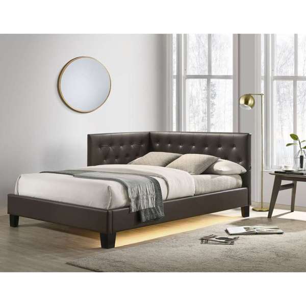 English Elm Julesburg Full Corner Bed in Brown PU Faux Leather with Tufted Headboard, USB A&C Ports, Sensor Lights B2740P372709