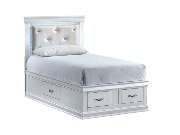 English Elm Lorana Glam Twin Storage Bed with Led Lighting and Tufted Faux Leather Headboard White B078S00694