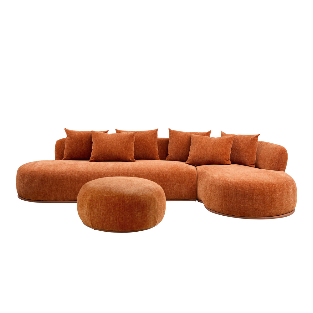English Elm 134.6" Modern L-Shaped Sectional Sofa with Ottoman, Orange — Oversized 6-Pillow PU Leather Modular Comfort W3208S00008