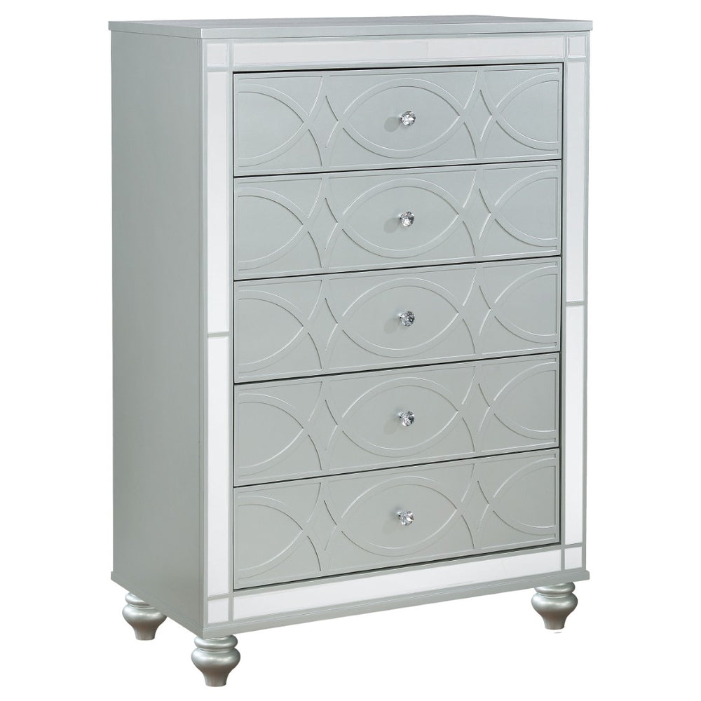 English Elm Arabesque Five Drawer Chest Silver Mirrored Glam Fretwork Crystal Knobs Bedroom B062P441420