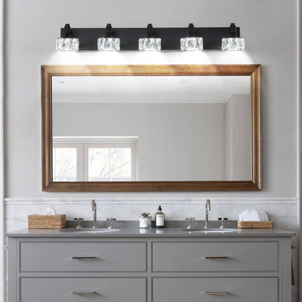 English Elm Modern 5 Light Matte Black Vanity Fixture Crystal Glass Shades Bathroom Led W1340P206826