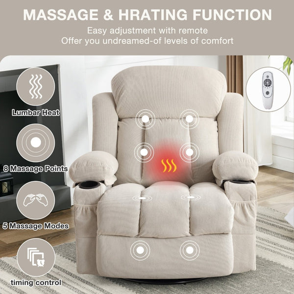 English Elm Swinging Velvet Recliner Chair with Massage Heat Usb Port and 360 Swivel Lounge Seat Beige W1807P298192