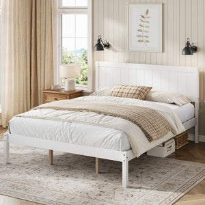 English Elm Platform King Bed Solid Pine Panel Headboard Wood Slat Base Modern Bedroom Frame White N709P425341K