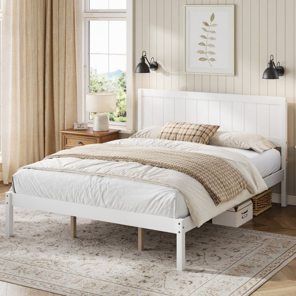 English Elm Platform King Bed Solid Pine Panel Headboard Wood Slat Base Modern Bedroom Frame White N709P425341K