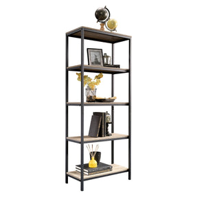 English Elm Tall Bookcase Brown Finish with 4 Open Shelves, All-Sides Engineered Wood, Black Metal Frame Durable Storage B356P367782