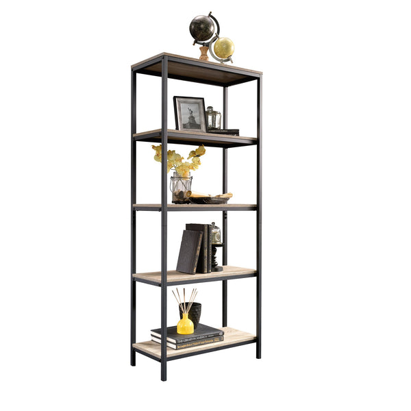 English Elm Tall Bookcase Brown Finish with 4 Open Shelves, All-Sides Engineered Wood, Black Metal Frame Durable Storage B356P367782