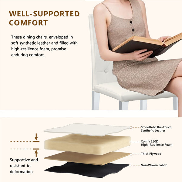 English Elm 4-pack PU dining chairs with ergonomic buckle backrest, high-density sponge seat, gold metal legs elegant luxury White+Silver W1151P295715