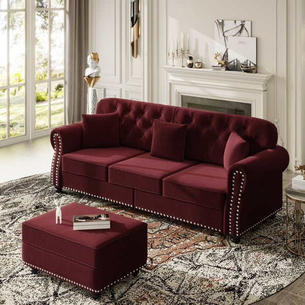 English Elm Upholstered Velvet Chesterfield Sofa Set with Button Tufting Nailhead Trim and Ottoman Burgundy W1885S00390