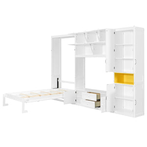 English Elm Twin Murphy Wall Bed with Integrated Tv Stand Open Shelving and Cabinet Storage LP000768AAK
