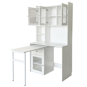 English Elm Computer Desk with Glass Doors, Hutch & Drawer Storage, Rotating 90° Desktop and Spacious Work Surface White W331S00194