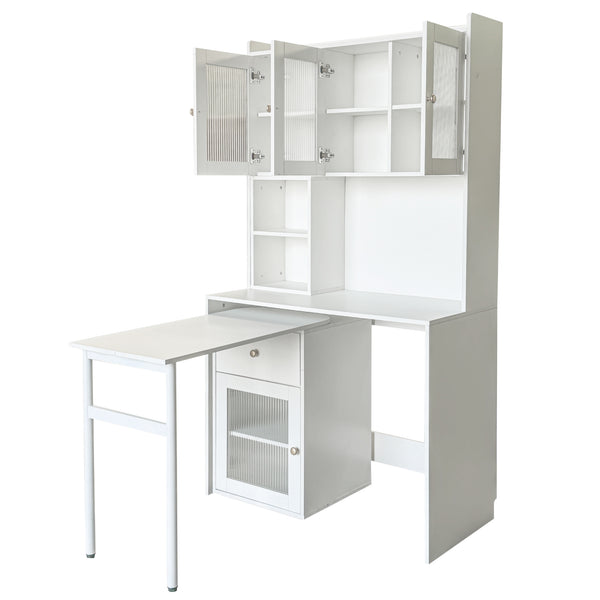 English Elm Computer Desk with Glass Doors, Hutch & Drawer Storage, Rotating 90° Desktop and Spacious Work Surface White W331S00194