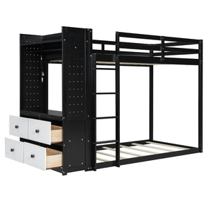 English Elm Twin Bunk Bed with Storage Drawers Hanging Rail Led Shelves and Pegboard Organizer Black LT000282AAB